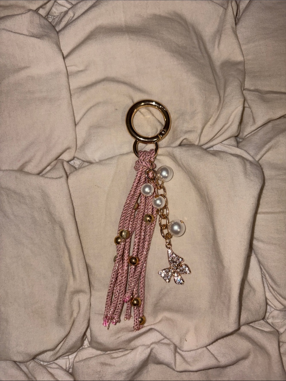Free People Pink Tassel and Crystal Butterfly Bag Charm Keyring
